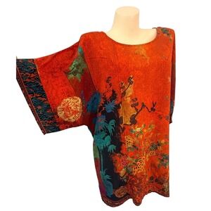 Citron Santa Monica Womens Sz M Orange Floral Asian Art To Wear Tunic Top NWT
